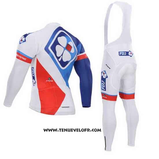 2015 Maillot Ciclismo FDJ Blanc et Bleu Manches Longues et Cuissard